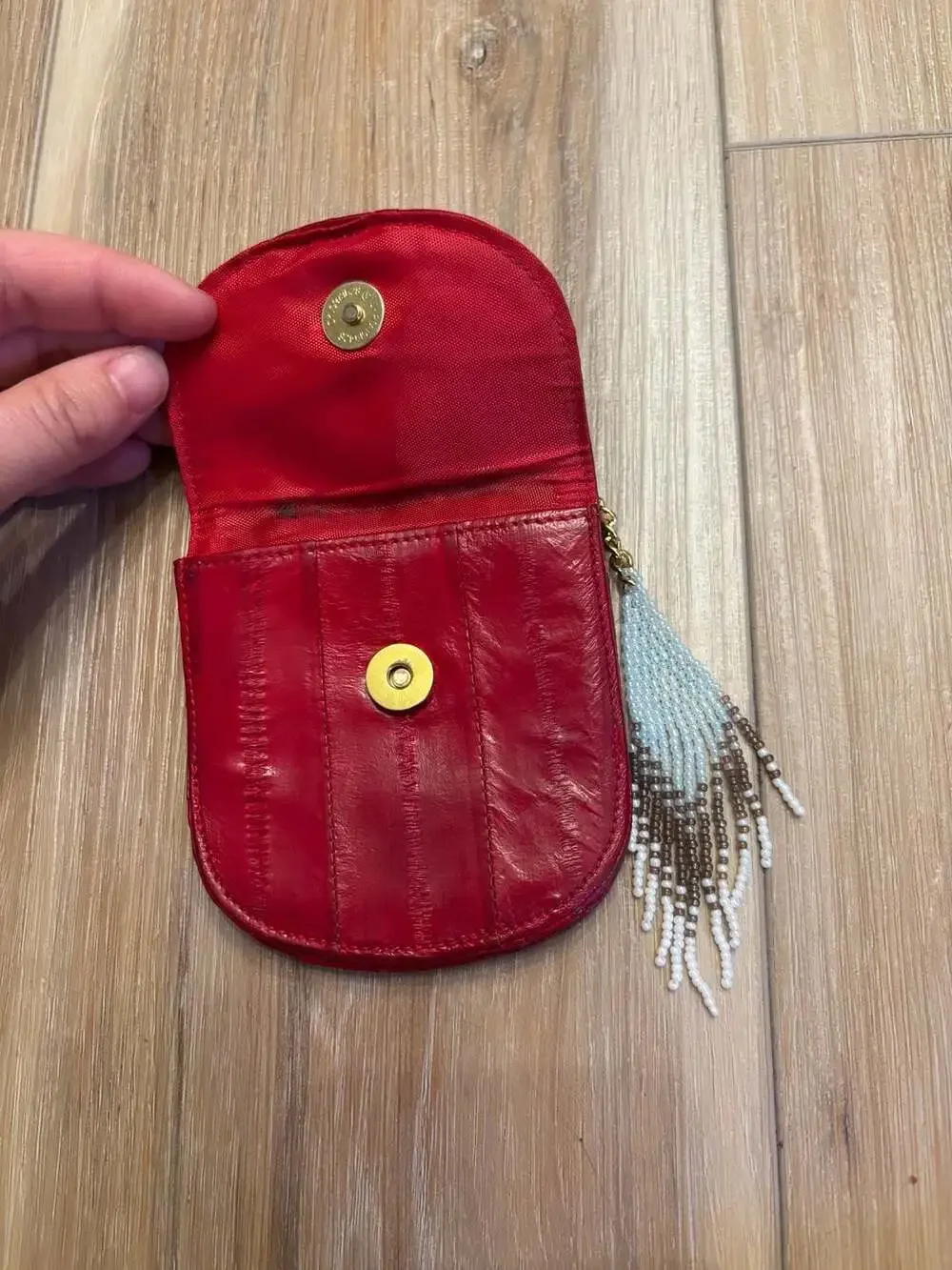 Genuine Eel Skin Handmade Mini Wallet Coin Pouch with Beaded Tassel